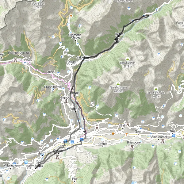 Karttaminiaatyyri "Haastava reitti läpi Aostan laakson" pyöräilyinspiraatiosta alueella Valle d’Aosta/Vallée d’Aoste, Italy. Luotu Tarmacs.app pyöräilyreittisuunnittelijalla