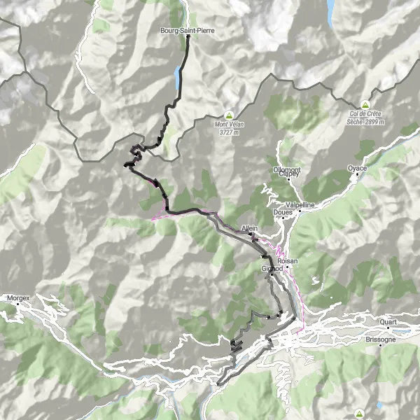 Map miniature of "Aymavilles to Great St Bernard Pass" cycling inspiration in Valle d’Aosta/Vallée d’Aoste, Italy. Generated by Tarmacs.app cycling route planner