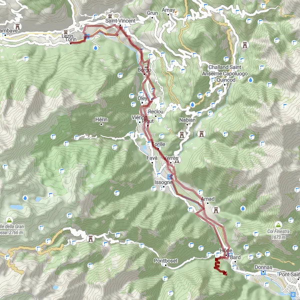 Zemljevid v pomanjšavi "Scenic gravel route in Valle d’Aosta" kolesarske inspiracije v Valle d’Aosta/Vallée d’Aoste, Italy. Generirano z načrtovalcem kolesarskih poti Tarmacs.app