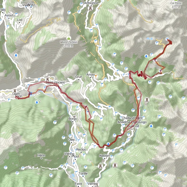 Zemljevid v pomanjšavi "Gravel route around Chatillon" kolesarske inspiracije v Valle d’Aosta/Vallée d’Aoste, Italy. Generirano z načrtovalcem kolesarskih poti Tarmacs.app