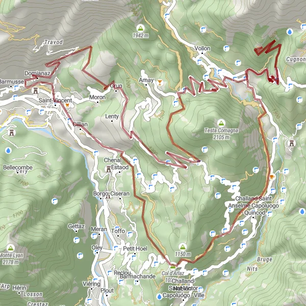 Mapa miniatúra "Gravitačná cyklotrasa z Chatillonu" cyklistická inšpirácia v Valle d’Aosta/Vallée d’Aoste, Italy. Vygenerované cyklistickým plánovačom trás Tarmacs.app