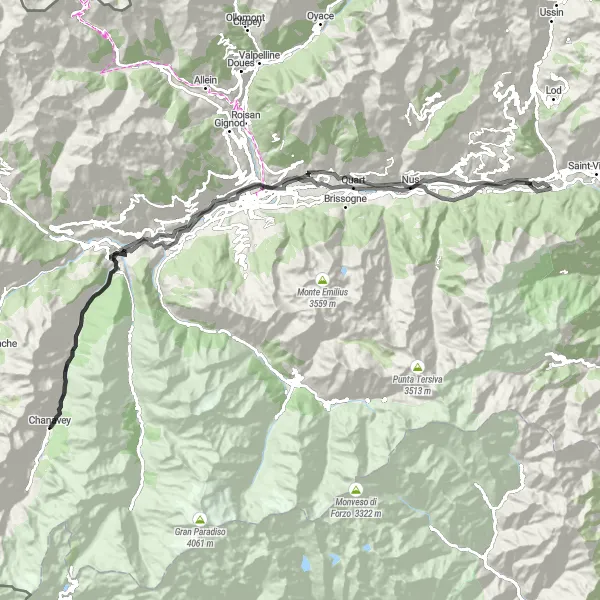 Miniatua del mapa de inspiración ciclista "Ruta de ciclismo de carretera a través de castillos y paisajes impresionantes" en Valle d’Aosta/Vallée d’Aoste, Italy. Generado por Tarmacs.app planificador de rutas ciclistas