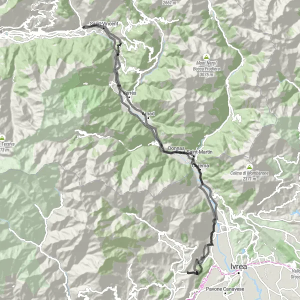 Miniaturní mapa "Okružní cesta Pont-Saint-Martin" inspirace pro cyklisty v oblasti Valle d’Aosta/Vallée d’Aoste, Italy. Vytvořeno pomocí plánovače tras Tarmacs.app