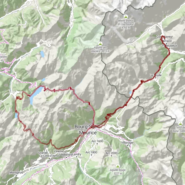 Miniaturní mapa "Gravelová cyklotrasa kolem Courmayeur v údolí Aosty" inspirace pro cyklisty v oblasti Valle d’Aosta/Vallée d’Aoste, Italy. Vytvořeno pomocí plánovače tras Tarmacs.app