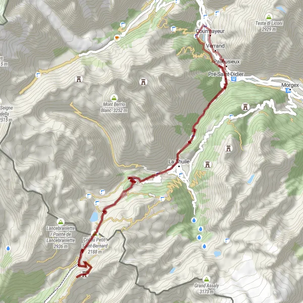 Mapa miniatúra "Gravel kruhová cesta cez Dolonne a Courmayeur" cyklistická inšpirácia v Valle d’Aosta/Vallée d’Aoste, Italy. Vygenerované cyklistickým plánovačom trás Tarmacs.app