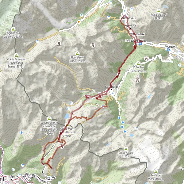 Miniaturní mapa "Kruhová cyklotrasa od Courmayeur (Valle d’Aosta/Vallée d’Aoste, Itálie)" inspirace pro cyklisty v oblasti Valle d’Aosta/Vallée d’Aoste, Italy. Vytvořeno pomocí plánovače tras Tarmacs.app