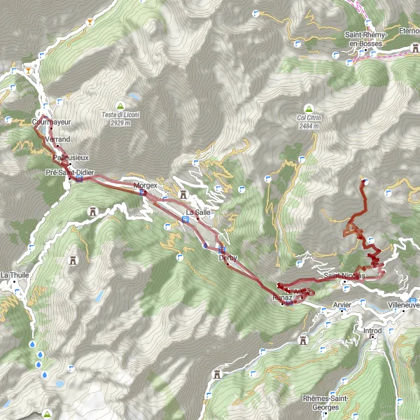 Miniaturekort af cykelinspirationen "Courmayeur til Dolonne Gruscykelrute" i Valle d’Aosta/Vallée d’Aoste, Italy. Genereret af Tarmacs.app cykelruteplanlægger