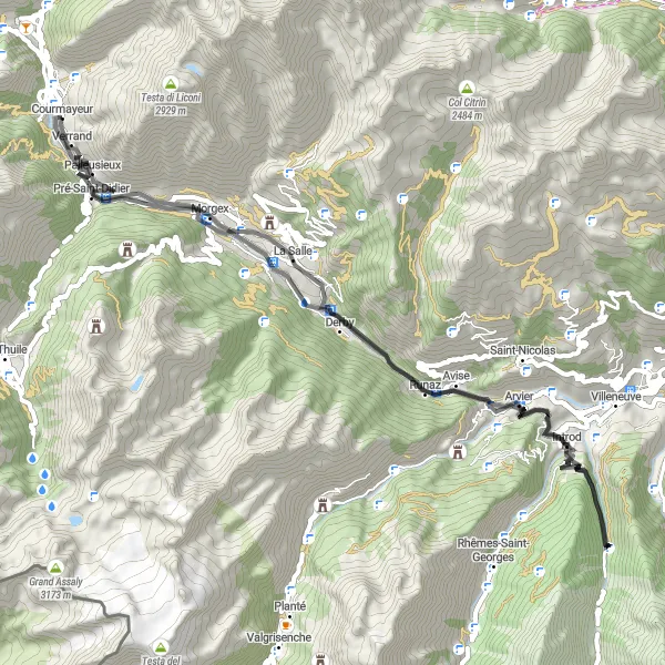 Kartminiatyr av "Courmayeur till Pré-Saint-Didier cykeltur" cykelinspiration i Valle d’Aosta/Vallée d’Aoste, Italy. Genererad av Tarmacs.app cykelruttplanerare