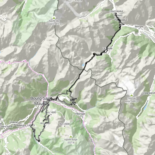 Map miniature of "Courmayeur - La Thuile - Tête de Tsargian - Le Roc Noir - Séez - Peisey-Nancroix - Montvalezan - La Rosière - Tête de l'Âne - Pré-Saint-Didier" cycling inspiration in Valle d’Aosta/Vallée d’Aoste, Italy. Generated by Tarmacs.app cycling route planner