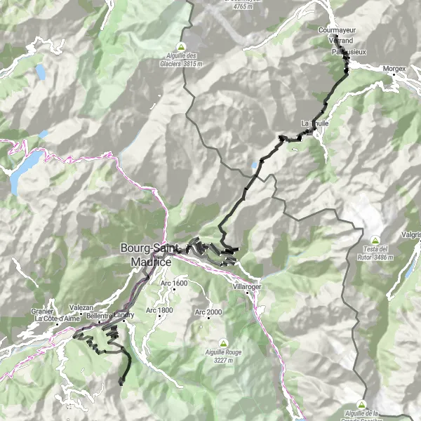 Karttaminiaatyyri "Haastava vuoristoreitti Courmayeurin ympäristössä" pyöräilyinspiraatiosta alueella Valle d’Aosta/Vallée d’Aoste, Italy. Luotu Tarmacs.app pyöräilyreittisuunnittelijalla