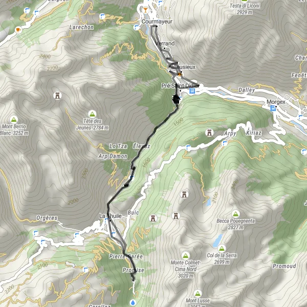 Zemljevid v pomanjšavi "Čarobne ceste Dolomitske čezmeje" kolesarske inspiracije v Valle d’Aosta/Vallée d’Aoste, Italy. Generirano z načrtovalcem kolesarskih poti Tarmacs.app