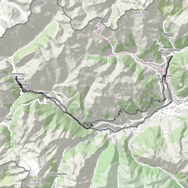 Mapa miniatúra "Cyklistická trasa okolo Morgex a Courmayeur" cyklistická inšpirácia v Valle d’Aosta/Vallée d’Aoste, Italy. Vygenerované cyklistickým plánovačom trás Tarmacs.app