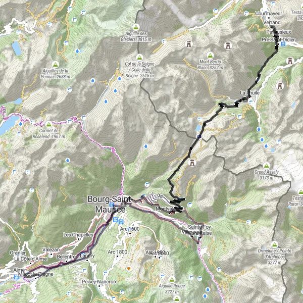 Miniaturekort af cykelinspirationen "Courmayeur til Montvalezan Vejcykelrute" i Valle d’Aosta/Vallée d’Aoste, Italy. Genereret af Tarmacs.app cykelruteplanlægger