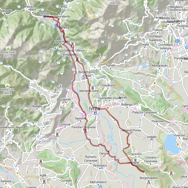 Miniaturní mapa "Štěrková cesta: Malebná cyklotrasa okolo Donnas" inspirace pro cyklisty v oblasti Valle d’Aosta/Vallée d’Aoste, Italy. Vytvořeno pomocí plánovače tras Tarmacs.app