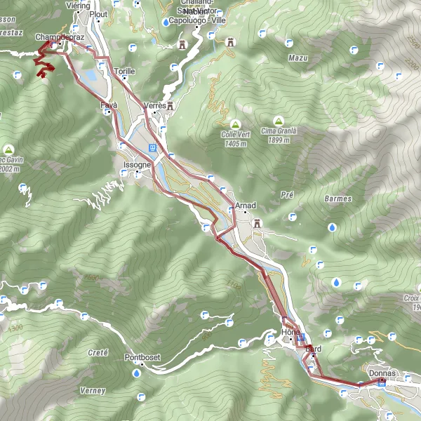 Miniatura della mappa di ispirazione al ciclismo "Tour in Gravel verso Hône" nella regione di Valle d’Aosta/Vallée d’Aoste, Italy. Generata da Tarmacs.app, pianificatore di rotte ciclistiche