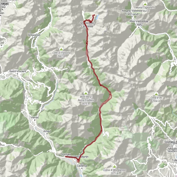 Miniaturní mapa "Gravel circuit around Donnas and Gressoney-La-Trinité" inspirace pro cyklisty v oblasti Valle d’Aosta/Vallée d’Aoste, Italy. Vytvořeno pomocí plánovače tras Tarmacs.app