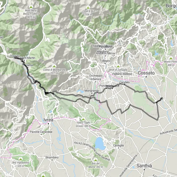 Karten-Miniaturansicht der Radinspiration "Rundweg Donnas - Colletto - Passo dell'Oca - Candelo - Andrate" in Valle d’Aosta/Vallée d’Aoste, Italy. Erstellt vom Tarmacs.app-Routenplaner für Radtouren