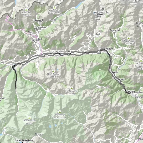 Zemljevid v pomanjšavi "Slikovita kolesarska pot skozi Valle d’Aosta" kolesarske inspiracije v Valle d’Aosta/Vallée d’Aoste, Italy. Generirano z načrtovalcem kolesarskih poti Tarmacs.app