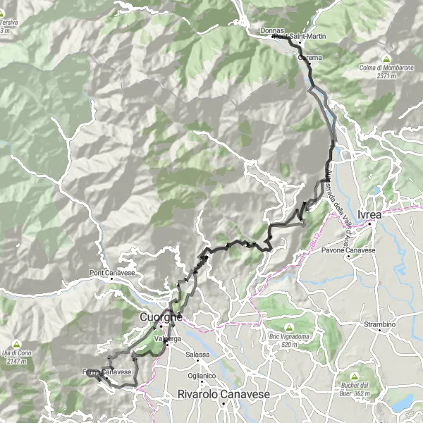 Kartminiatyr av "Lång cykeltur till Donnas" cykelinspiration i Valle d’Aosta/Vallée d’Aoste, Italy. Genererad av Tarmacs.app cykelruttplanerare