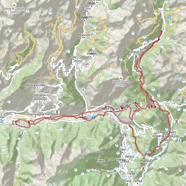 Miniatura mapy "Wspaniała trasa na żwirze w okolicach Fénis" - trasy rowerowej w Valle d’Aosta/Vallée d’Aoste, Italy. Wygenerowane przez planer tras rowerowych Tarmacs.app