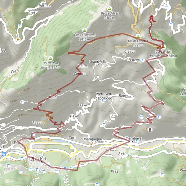 Miniatua del mapa de inspiración ciclista "Ruta de ciclismo en terreno mixto hacia Castello Cly y Cima Longhede" en Valle d’Aosta/Vallée d’Aoste, Italy. Generado por Tarmacs.app planificador de rutas ciclistas