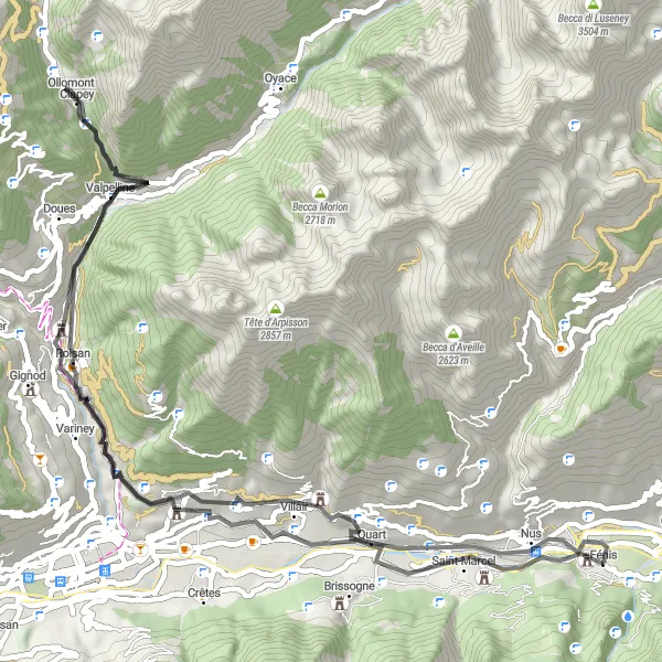 Mapa miniatúra "Cyklistická trasa okolo hradu Fénis" cyklistická inšpirácia v Valle d’Aosta/Vallée d’Aoste, Italy. Vygenerované cyklistickým plánovačom trás Tarmacs.app