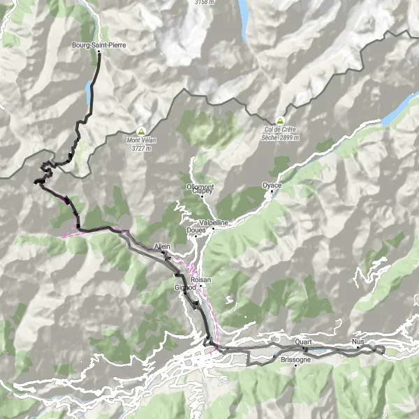 Miniatura della mappa di ispirazione al ciclismo "Da Fénis al Passo del Gran San Bernardo" nella regione di Valle d’Aosta/Vallée d’Aoste, Italy. Generata da Tarmacs.app, pianificatore di rotte ciclistiche