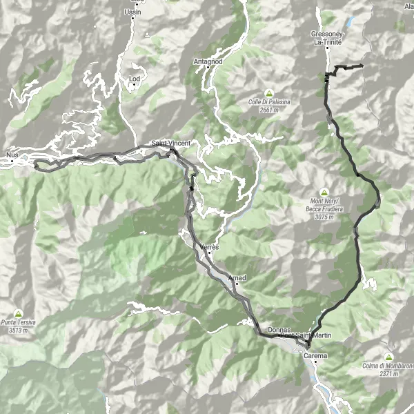 Miniature de la carte de l'inspiration cycliste "Tour des Sommets de la Vallée d'Aoste" dans la Valle d’Aosta/Vallée d’Aoste, Italy. Générée par le planificateur d'itinéraire cycliste Tarmacs.app