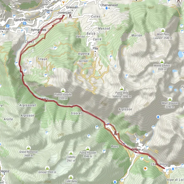 Kartminiatyr av "Jovençan til Castello di Aymavilles Grusvei Rundtur" sykkelinspirasjon i Valle d’Aosta/Vallée d’Aoste, Italy. Generert av Tarmacs.app sykkelrutoplanlegger