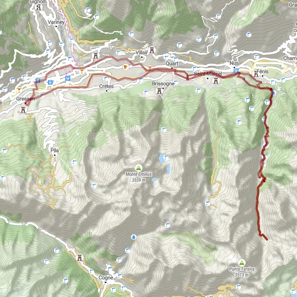 Miniatuurkaart van de fietsinspiratie "Gravelroute langs schilderachtige kastelen en bergtoppen" in Valle d’Aosta/Vallée d’Aoste, Italy. Gemaakt door de Tarmacs.app fietsrouteplanner