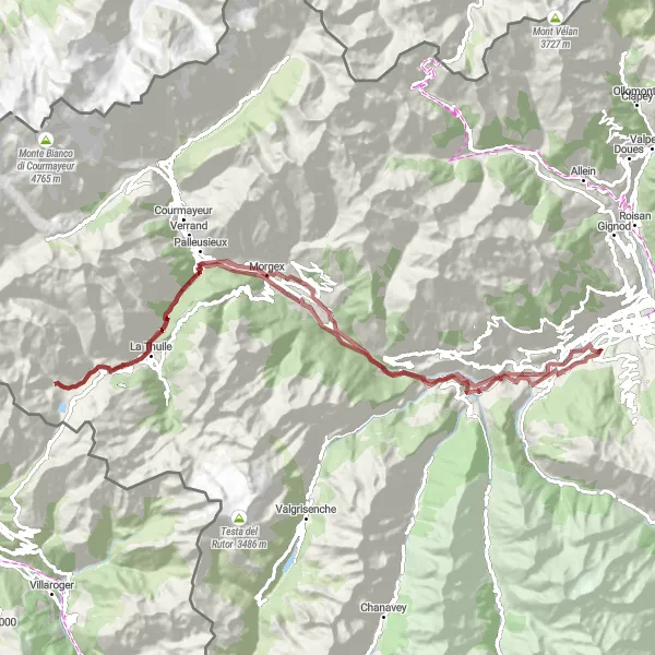 Miniature de la carte de l'inspiration cycliste "Aventure gravel autour de Gressan" dans la Valle d’Aosta/Vallée d’Aoste, Italy. Générée par le planificateur d'itinéraire cycliste Tarmacs.app