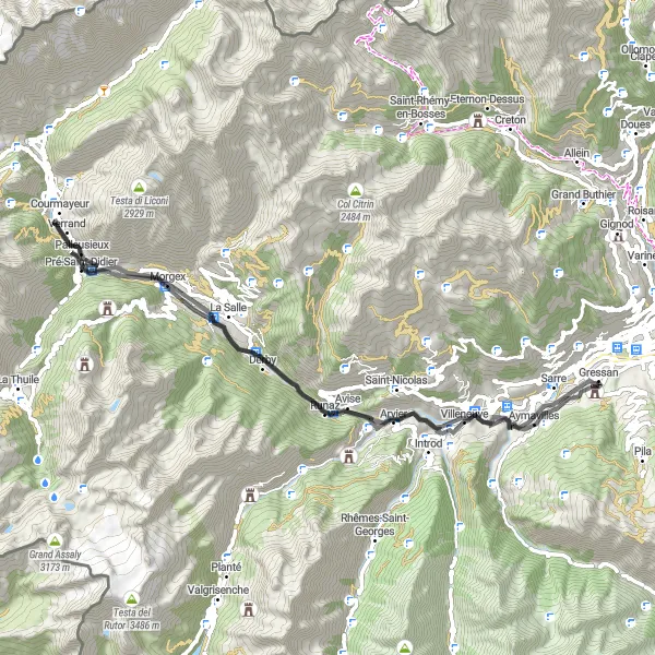 Mapa miniatúra "Okružie plné krásy a zážitkov" cyklistická inšpirácia v Valle d’Aosta/Vallée d’Aoste, Italy. Vygenerované cyklistickým plánovačom trás Tarmacs.app