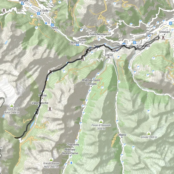 Kartminiatyr av "Jovençan til Castello di Jovençan via Mont Pela og Casa Forte Di Planaval" sykkelinspirasjon i Valle d’Aosta/Vallée d’Aoste, Italy. Generert av Tarmacs.app sykkelrutoplanlegger