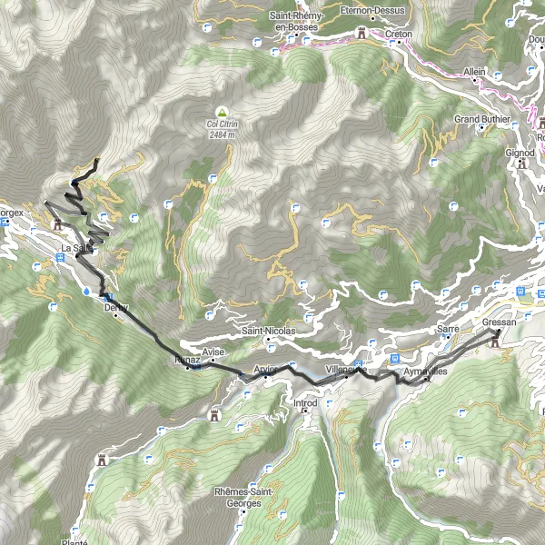 Karten-Miniaturansicht der Radinspiration "Rundweg durch die Natur um Jovençan" in Valle d’Aosta/Vallée d’Aoste, Italy. Erstellt vom Tarmacs.app-Routenplaner für Radtouren