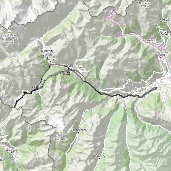 Miniatuurkaart van de fietsinspiratie "Uitdagende tocht door de Valle d'Aosta" in Valle d’Aosta/Vallée d’Aoste, Italy. Gemaakt door de Tarmacs.app fietsrouteplanner