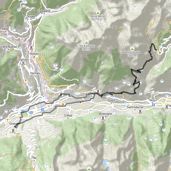 Miniatuurkaart van de fietsinspiratie "Wegroute naar historische kastelen en schilderachtige dorpjes" in Valle d’Aosta/Vallée d’Aoste, Italy. Gemaakt door de Tarmacs.app fietsrouteplanner