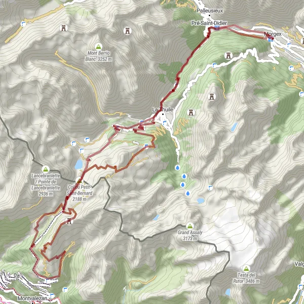 Karten-Miniaturansicht der Radinspiration "Mountainbike-Abenteuer um Morgex" in Valle d’Aosta/Vallée d’Aoste, Italy. Erstellt vom Tarmacs.app-Routenplaner für Radtouren