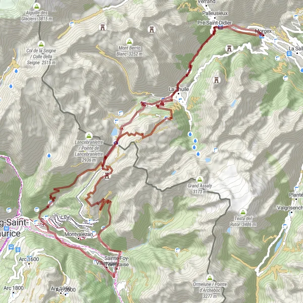 Miniaturekort af cykelinspirationen "Grusvejscykelrute til Pré-Saint-Didier og Villaroger" i Valle d’Aosta/Vallée d’Aoste, Italy. Genereret af Tarmacs.app cykelruteplanlægger