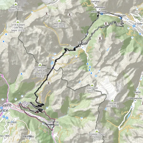 Kartminiatyr av "Opplev Col du Petit-Saint-Bernard og La Rosière" sykkelinspirasjon i Valle d’Aosta/Vallée d’Aoste, Italy. Generert av Tarmacs.app sykkelrutoplanlegger