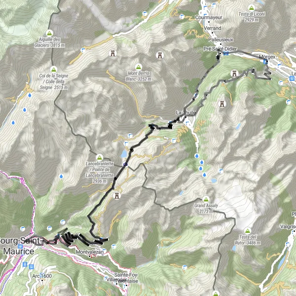 Miniatura della mappa di ispirazione al ciclismo "Giro in bicicletta di 114 km attraverso La Thuile e Séez" nella regione di Valle d’Aosta/Vallée d’Aoste, Italy. Generata da Tarmacs.app, pianificatore di rotte ciclistiche