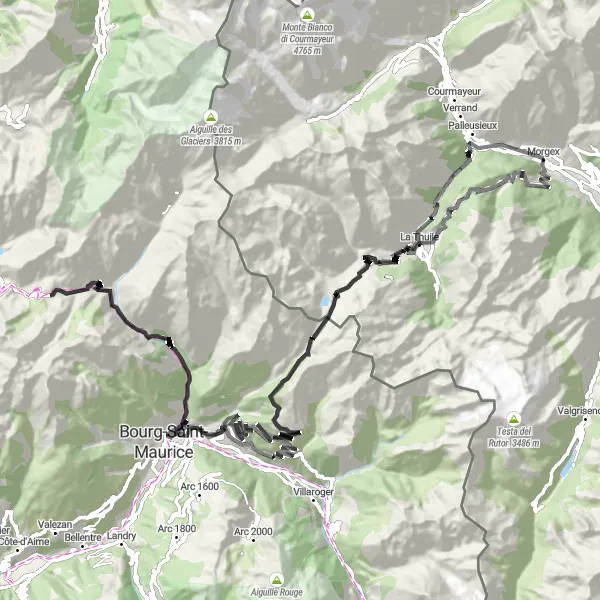 Miniatuurkaart van de fietsinspiratie "Uitdagende rit naar Pré-Saint-Didier" in Valle d’Aosta/Vallée d’Aoste, Italy. Gemaakt door de Tarmacs.app fietsrouteplanner