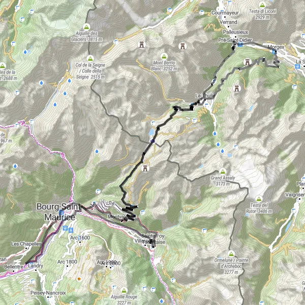 Kartminiatyr av "Utforsk Bourg-Saint-Maurice og Villaroger" sykkelinspirasjon i Valle d’Aosta/Vallée d’Aoste, Italy. Generert av Tarmacs.app sykkelrutoplanlegger