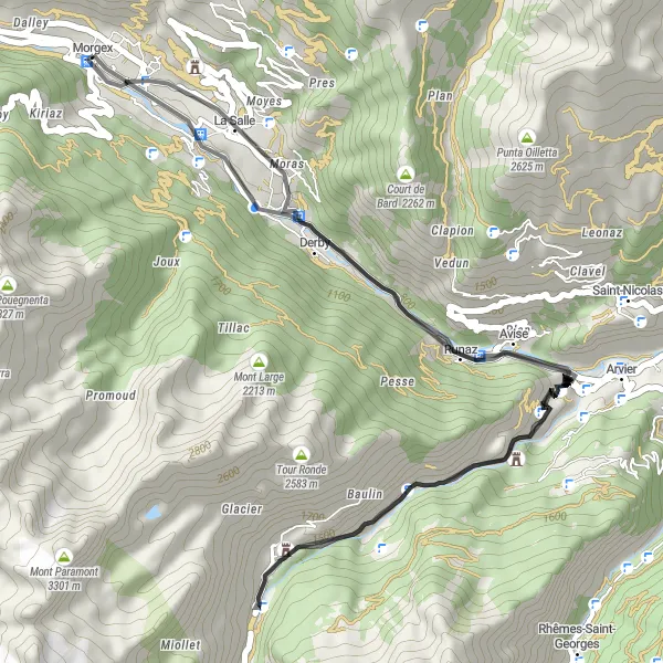 Miniature de la carte de l'inspiration cycliste "La découverte de Casa Forte Di Planaval" dans la Valle d’Aosta/Vallée d’Aoste, Italy. Générée par le planificateur d'itinéraire cycliste Tarmacs.app