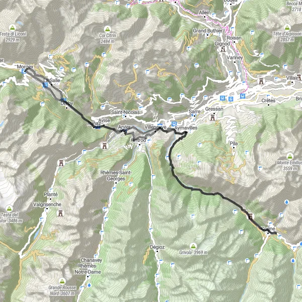 Miniatua del mapa de inspiración ciclista "Ruta del Castillo" en Valle d’Aosta/Vallée d’Aoste, Italy. Generado por Tarmacs.app planificador de rutas ciclistas