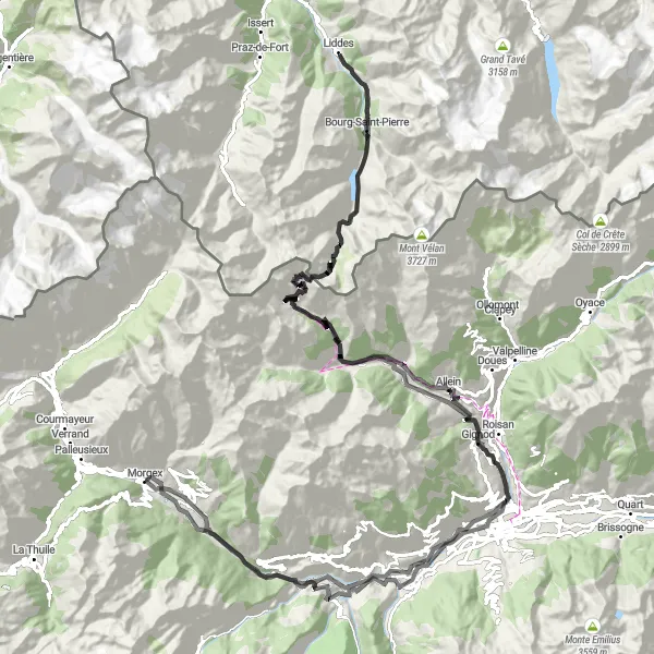 Karttaminiaatyyri "Morgex - Gignod - Grande Chenalette - Great St Bernard Pass" pyöräilyinspiraatiosta alueella Valle d’Aosta/Vallée d’Aoste, Italy. Luotu Tarmacs.app pyöräilyreittisuunnittelijalla