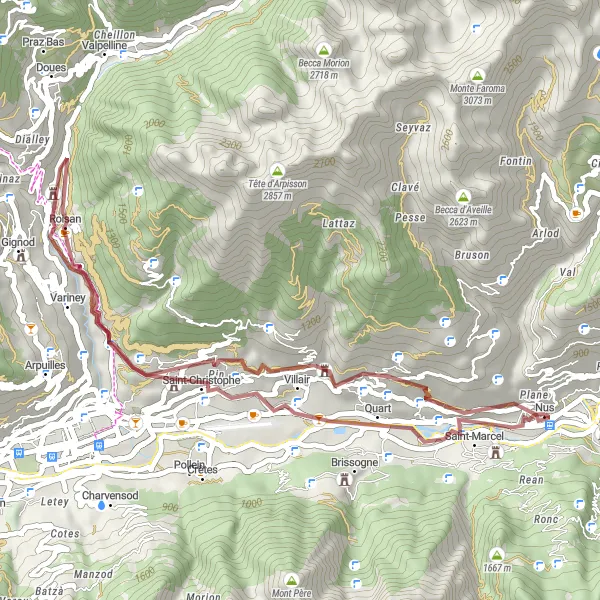 Map miniature of "Castello di Pilato - Castello di Quart - Roisan - Castello Passerin d'Entrèves - Prarayer" cycling inspiration in Valle d’Aosta/Vallée d’Aoste, Italy. Generated by Tarmacs.app cycling route planner