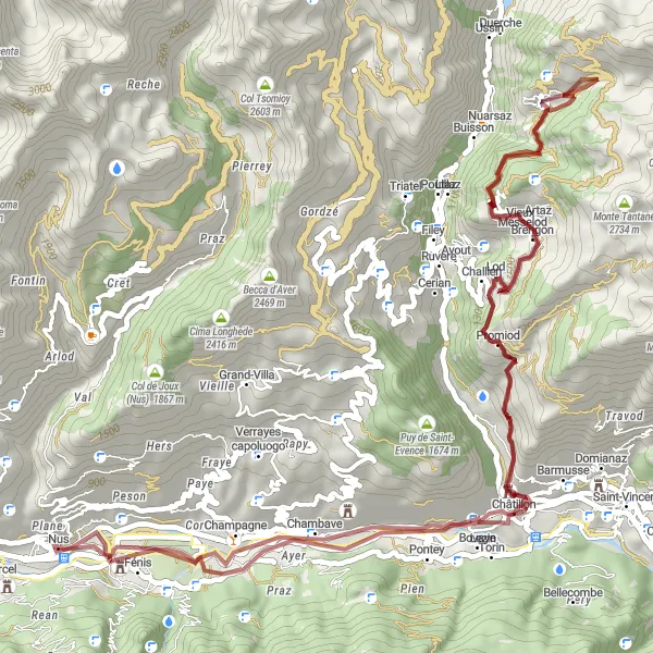 Miniatura della mappa di ispirazione al ciclismo "Avventura in Gravel tra Nus e Chambave" nella regione di Valle d’Aosta/Vallée d’Aoste, Italy. Generata da Tarmacs.app, pianificatore di rotte ciclistiche