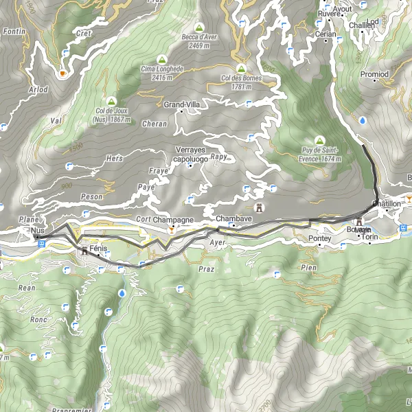 Map miniature of "Fénis - Belvedere Chambave - Castello Gamba - Castello di Pilato" cycling inspiration in Valle d’Aosta/Vallée d’Aoste, Italy. Generated by Tarmacs.app cycling route planner