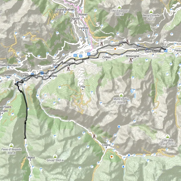 Miniaturní mapa "Okružní cyklistická trasa z Nus (Valle d’Aosta/Vallée d’Aoste, Itálie) - silnice" inspirace pro cyklisty v oblasti Valle d’Aosta/Vallée d’Aoste, Italy. Vytvořeno pomocí plánovače tras Tarmacs.app