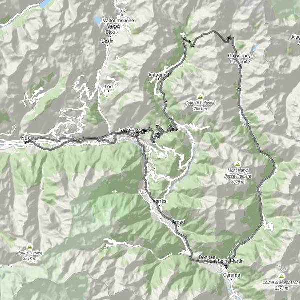 Kartminiatyr av "Alperna och Slotten" cykelinspiration i Valle d’Aosta/Vallée d’Aoste, Italy. Genererad av Tarmacs.app cykelruttplanerare